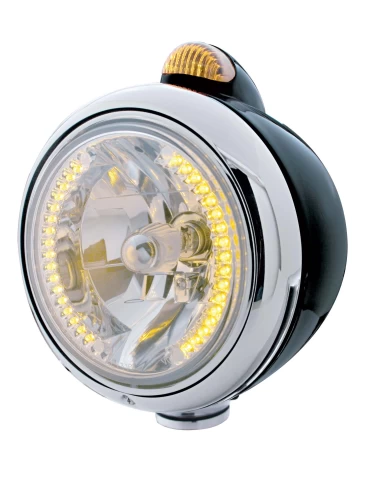 (BOX) BLACK "GUIDE" HEADLIGHT W/ AMBER DUAL FUNCTION TOP MOUNT LIGHT - 34 AMBER LED CRYSTAL HALOGEN