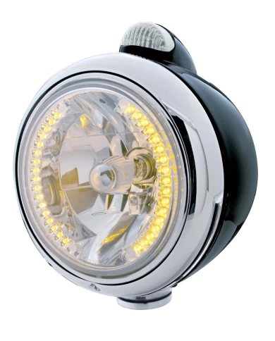 (BOX) BLACK "GUIDE" HEADLIGHT W/ AMBER/CLEAR TOP MOUNT LIGHT - 34 AMBER LED CRYSTAL HALOGEN (BOX) BLACK "GUIDE" HEADLIGHT W/ AMBER/CLEAR TOP MOUNT LIGHT - 34 AMBER LED CRYSTAL HALOGEN