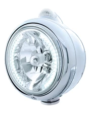 (BOX) STAINLESS STEEL "GUIDE" HEADLIGHT W/ AMBER/CLEAR TOP MOUNT LIGHT - 34 WHITE LED CRYSTAL HALOGEN