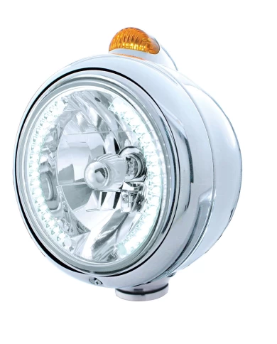 (BOX) CHROME "GUIDE" HEADLIGHT W/ AMBER DUAL FUNCTION TOP MOUNT LIGHT - 34 WHITE LED CRYSTAL HALOGEN (BOX) CHROME "GUIDE" HEADLIGHT W/ AMBER DUAL FUNCTION TOP MOUNT LIGHT - 34 WHITE LED CRYSTAL HALOGEN