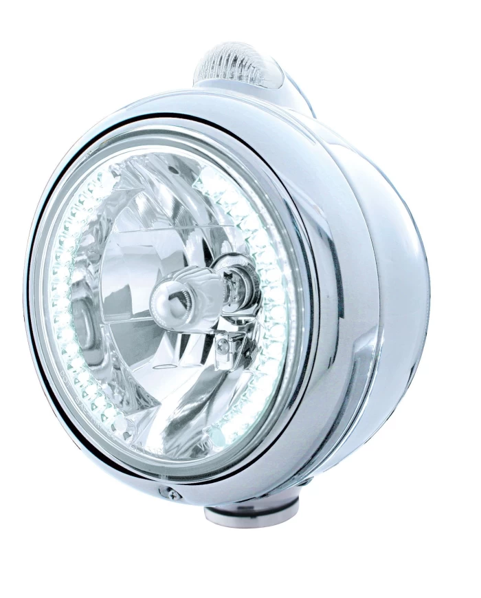 (BOX) CHROME "GUIDE" HEADLIGHT W/ AMBER/CLEAR TOP MOUNT LIGHT - 34 WHITE LED CRYSTAL HALOGEN