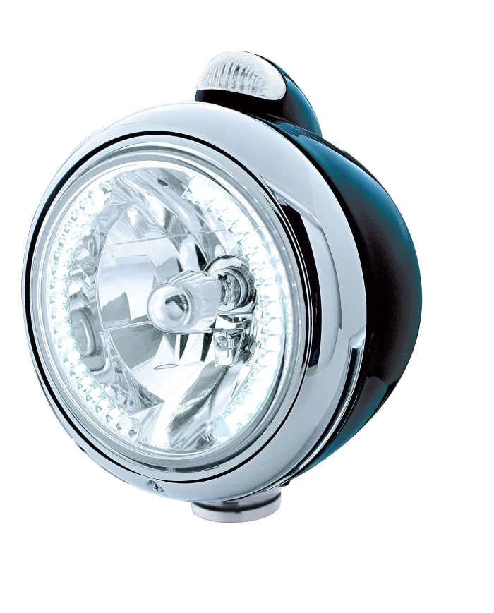 (BOX) BLACK "GUIDE" HEADLIGHT W/ AMBER/CLEAR TOP MOUNT LIGHT - 34 WHITE LED CRYSTAL HALOGEN
