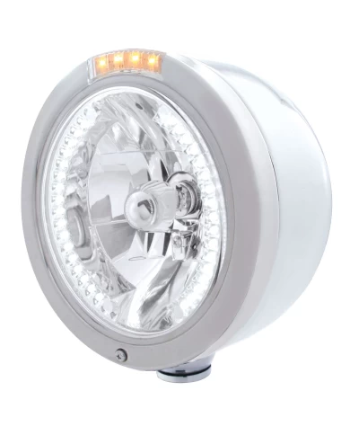 (BOX) S.S. PB "BULLET" HALF-MOON PB HEADLIGHT W/ AMBER/CLEAR SIGNAL LIGHT - 34 WHITE LED CRYSTAL HALOGEN (BOX) S.S. PB "BULLET" HALF-MOON PB HEADLIGHT W/ AMBER/CLEAR SIGNAL LIGHT - 34 WHITE LED CRYSTAL HALOGEN
