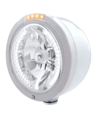 (BOX) S.S. PB "BULLET" HALF-MOON PB HEADLIGHT W/ AMBER/CLEAR SIGNAL LIGHT - 34 WHITE LED CRYSTAL HALOGEN