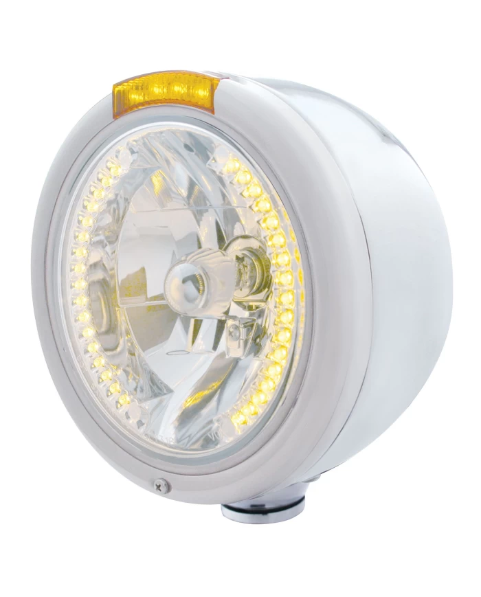(BOX) S.S. PB "CLASSIC" HALF-MOON PB HEADLIGHT W/ AMBER SIGNAL LIGHT - 34 AMBER LED CRYSTAL HALOGEN