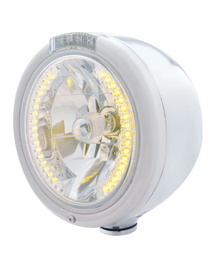 (BOX) S.S. PB "CLASSIC" HALF-MOON PB HEADLIGHT W/ AMBER/CLEAR SIGNAL LIGHT - 34 AMBER LED CRYSTAL HALOGEN