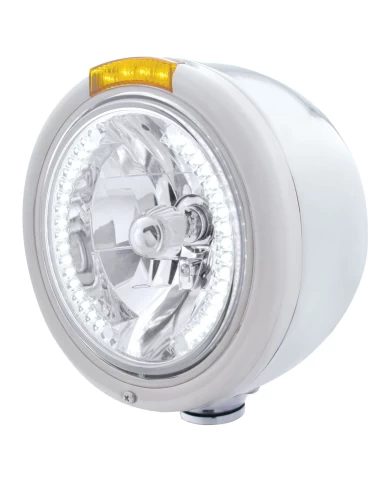 (BOX) S.S. PB "CLASSIC" HALF-MOON PB HEADLIGHT W/ AMBER SIGNAL LIGHT - 34 WHITE LED CRYSTAL HALOGEN (BOX) S.S. PB "CLASSIC" HALF-MOON PB HEADLIGHT W/ AMBER SIGNAL LIGHT - 34 WHITE LED CRYSTAL HALOGEN