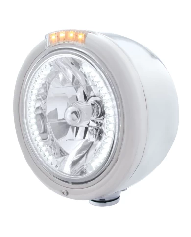 (BOX) S.S. PB "CLASSIC" HALF-MOON PB HEADLIGHT W/ AMBER/CLEAR SIGNAL LIGHT - 34 WHITE LED CRYSTAL HALOGEN (BOX) S.S. PB "CLASSIC" HALF-MOON PB HEADLIGHT W/ AMBER/CLEAR SIGNAL LIGHT - 34 WHITE LED CRYSTAL HALOGEN