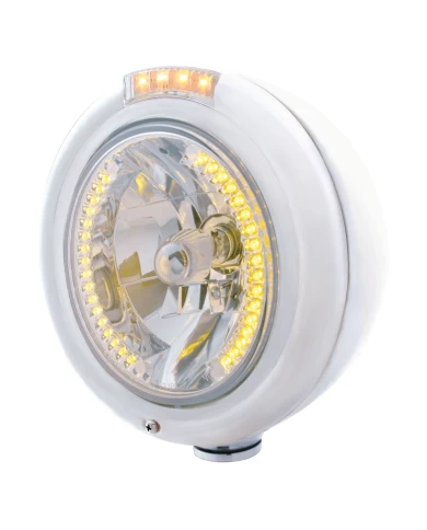 (BOX) S.S. PB "CLASSIC" PB HEADLIGHT W/ AMBER/CLEAR DUAL FUNCTION SIGNAL LIGHT - 34 AMBER LED CRYSTAL HALOGEN (BOX) S.S. PB "CLASSIC" PB HEADLIGHT W/ AMBER/CLEAR DUAL FUNCTION SIGNAL LIGHT - 34 AMBER LED CRYSTAL HALOGEN