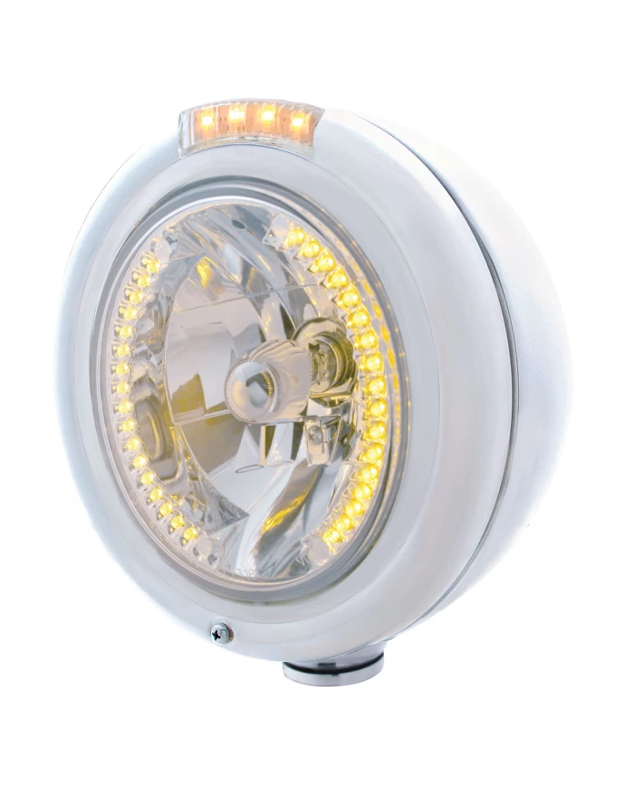 (BOX) S.S. PB "CLASSIC" PB HEADLIGHT W/ AMBER/CLEAR SIGNAL LIGHT - 34 AMBER LED CRYSTAL HALOGEN