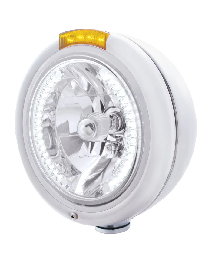 (BOX) S.S. PB "CLASSIC" PB HEADLIGHT W/ AMBER SIGNAL LIGHT - 34 WHITE LED CRYSTAL HALOGEN
