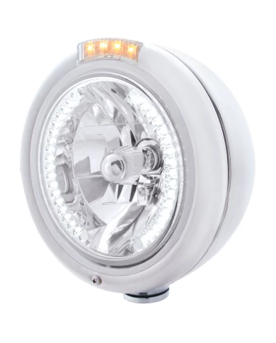 (BOX) S.S. PB "CLASSIC" PB HEADLIGHT W/ AMBER/CLEAR SIGNAL LIGHT - 34 WHITE LED CRYSTAL HALOGEN (BOX) S.S. PB "CLASSIC" PB HEADLIGHT W/ AMBER/CLEAR SIGNAL LIGHT - 34 WHITE LED CRYSTAL HALOGEN