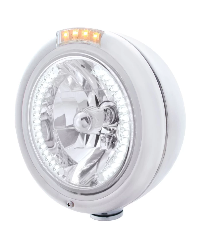 (BOX) S.S. PB "CLASSIC" PB HEADLIGHT W/ AMBER/CLEAR SIGNAL LIGHT - 34 WHITE LED CRYSTAL HALOGEN
