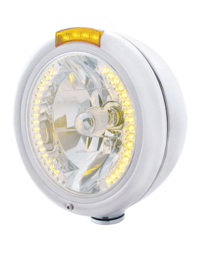 (BOX) CHROME PB "CLASSIC" PB HEADLIGHT W/ AMBER SIGNAL LIGHT - 34 AMBER LED CRYSTAL HALOGEN
