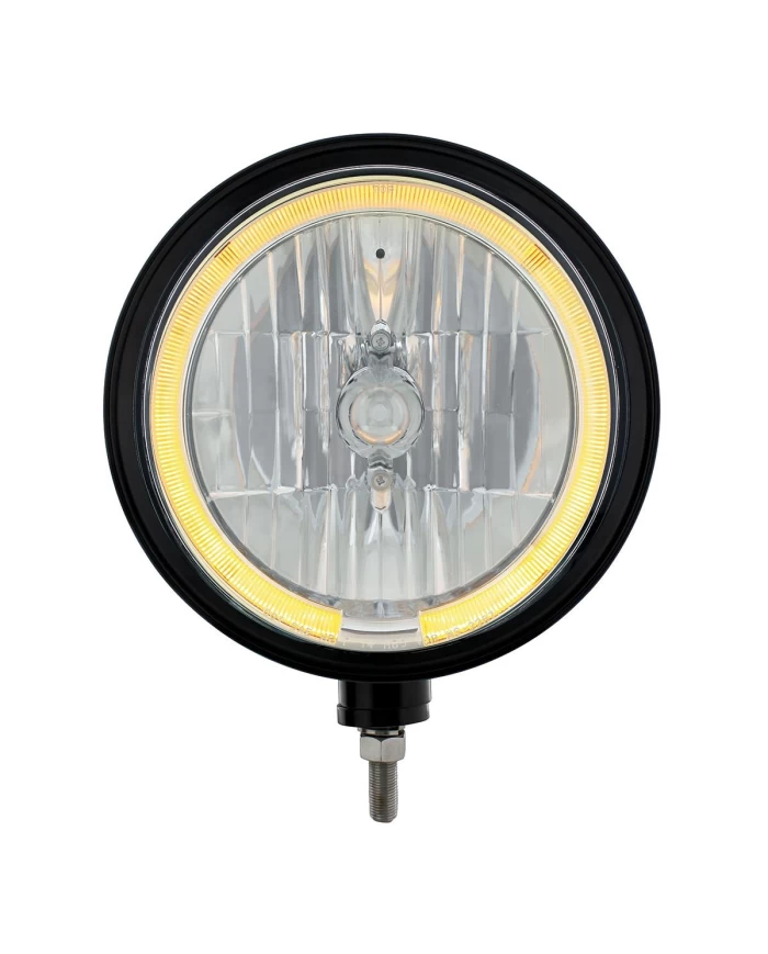 (BOX) BLACK "BILLET" STYLE GROOVE HEADLIGHT - AMBER LED HALO RIM