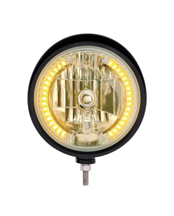 (BOX) BLACK "BILLET" STYLE GROOVE HEADLIGHT WITH VISOR - 34 AMBER LED CRYSTAL HALOGEN (BOX) BLACK "BILLET" STYLE GROOVE HEADLIGHT WITH VISOR - 34 AMBER LED CRYSTAL HALOGEN