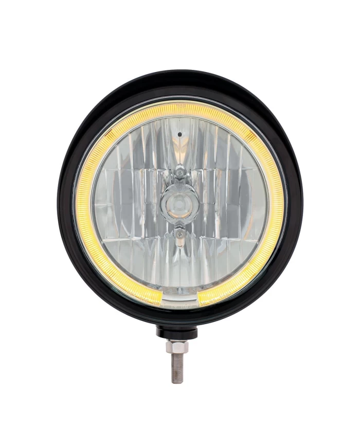 (BOX) BLACK "BILLET" STYLE GROOVE HEADLIGHT WITH VISOR - AMBER LED HALO RIM (BOX) BLACK "BILLET" STYLE GROOVE HEADLIGHT WITH VISOR - AMBER LED HALO RIM