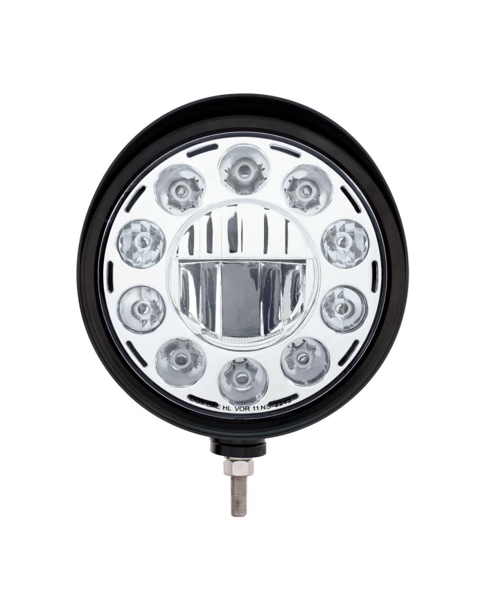 (BOX) BLACK "BILLET" STYLE GROOVE HEADLIGHT WITH VISOR - CRYSTAL CHROME 11 LED