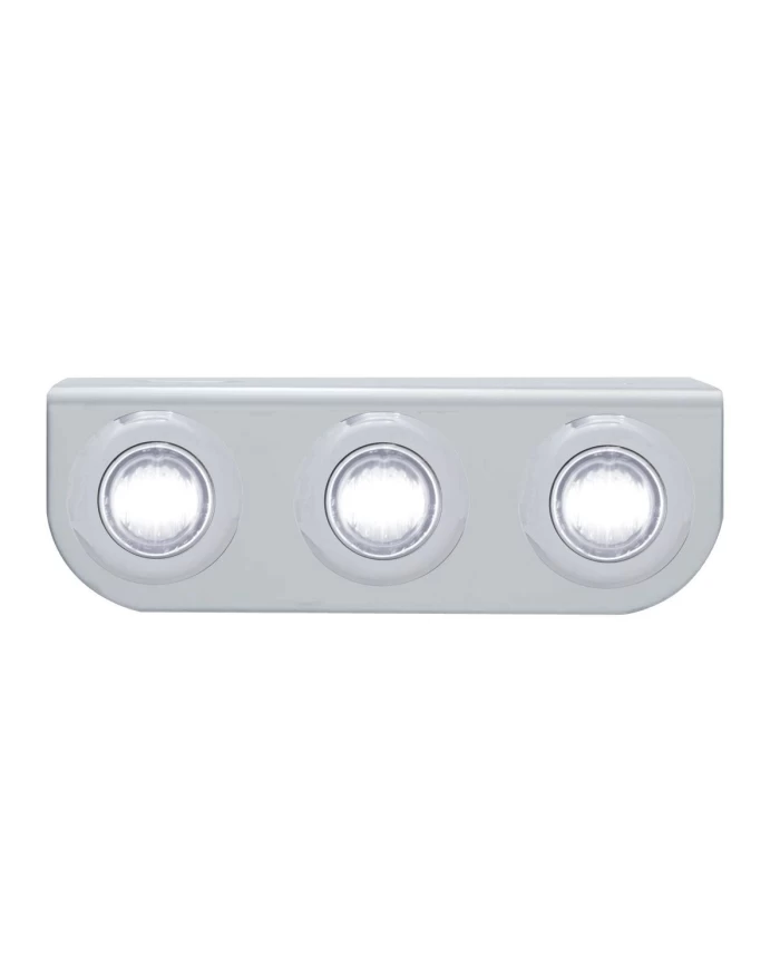 (BULK) STAINLESS STEEL LIGHT BRACKET W/ THREE 3 WHITE LED MINI LIGHT W/ STAINLESS STEEL BEZEL - CLEAR LENS