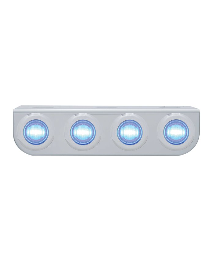 (BULK) STAINLESS STEEL LIGHT BRACKET W/ FOUR 3 BLUE LED MINI LIGHT W/ STAINLESS STEEL BEZEL - CLEAR LENS