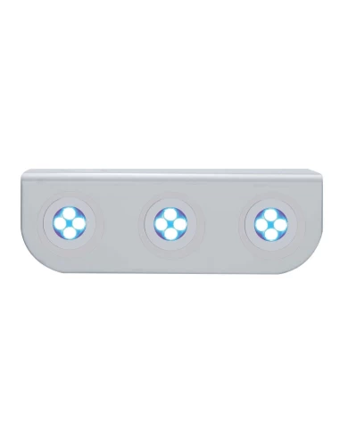 (BULK) STAINLESS STEEL LIGHT BRACKET W/ THREE 4 BLUE LED MINI LIGHT W/ STAINLESS STEEL BEZEL (BULK) STAINLESS STEEL LIGHT BRACKET W/ THREE 4 BLUE LED MINI LIGHT W/ STAINLESS STEEL BEZEL