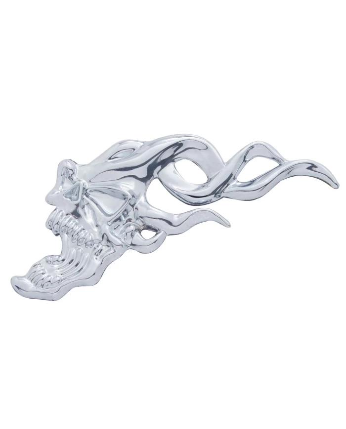 (CARD) CHROME PLASTIC FLAMING SKULL ACCENT - FACING LEFT