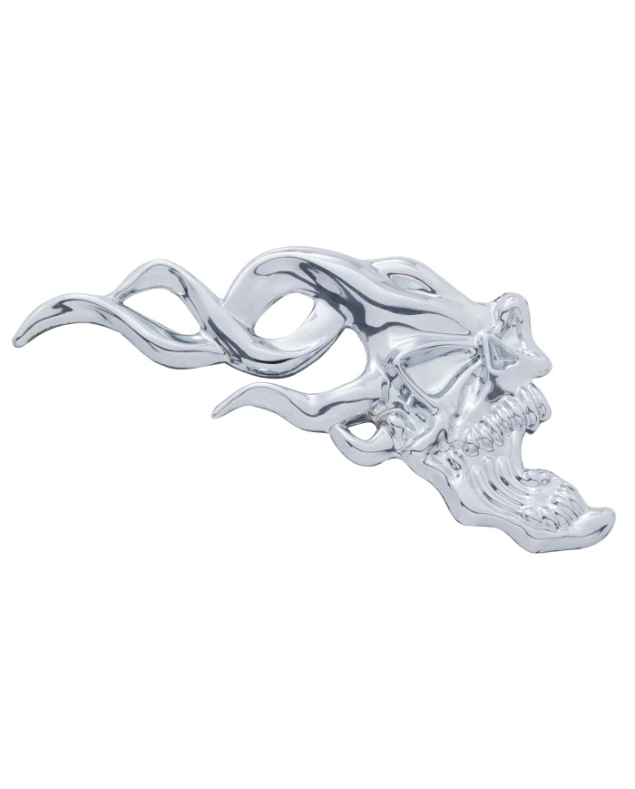 (CARD) CHROME PLASTIC FLAMING SKULL ACCENT - FACING RIGHT