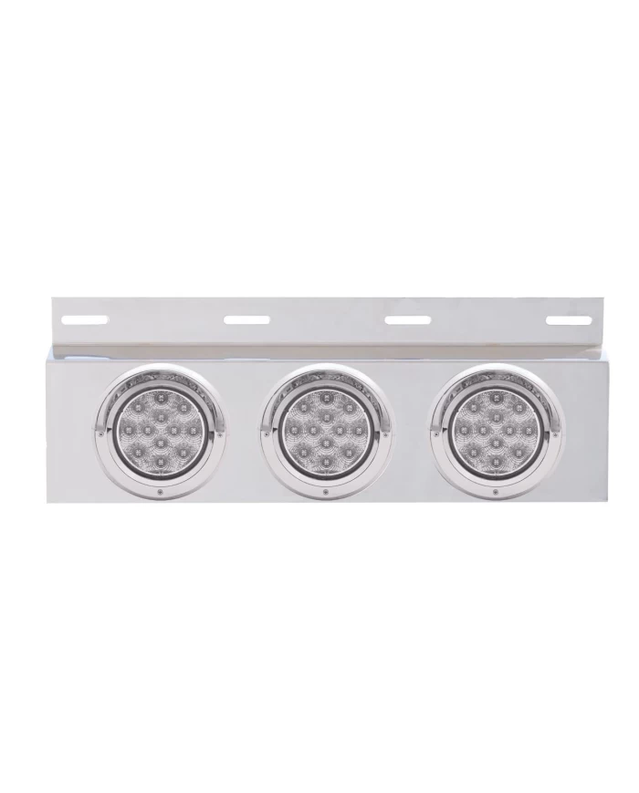 (BULK) STAINLESS STEEL TOP MUD FLAP LIGHT BRACKET W/ THREE 12 LED 4" LIGHT W/ VISOR - CLEAR LENS (BULK) STAINLESS STEEL TOP MUD FLAP LIGHT BRACKET W/ THREE 12 LED 4" LIGHT W/ VISOR - CLEAR LENS