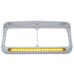 UP32346-Chrome Rectangular Dual Headlight Bezel With Visor & 19 LED Light Bar - Amber LED/Amber Lens