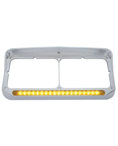 UP32346-Chrome Rectangular Dual Headlight Bezel With Visor & 19 LED Light Bar - Amber LED/Amber Lens