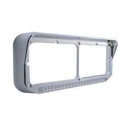 UP32347-Chrome Rectangular Dual Headlight Bezel With Visor & 19 LED Light Bar - Amber LED/Clear Lens