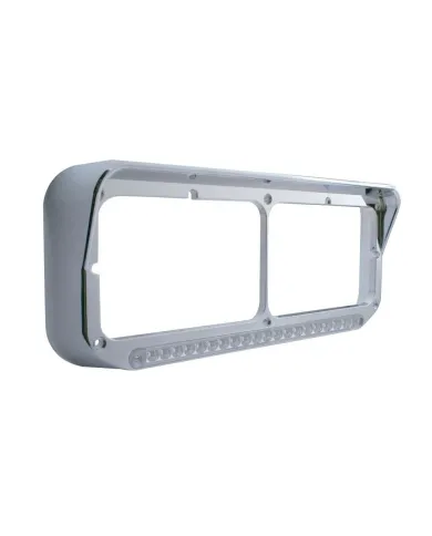 UP32347-Chrome Rectangular Dual Headlight Bezel With Visor & 19 LED Light Bar - Amber LED/Clear Lens