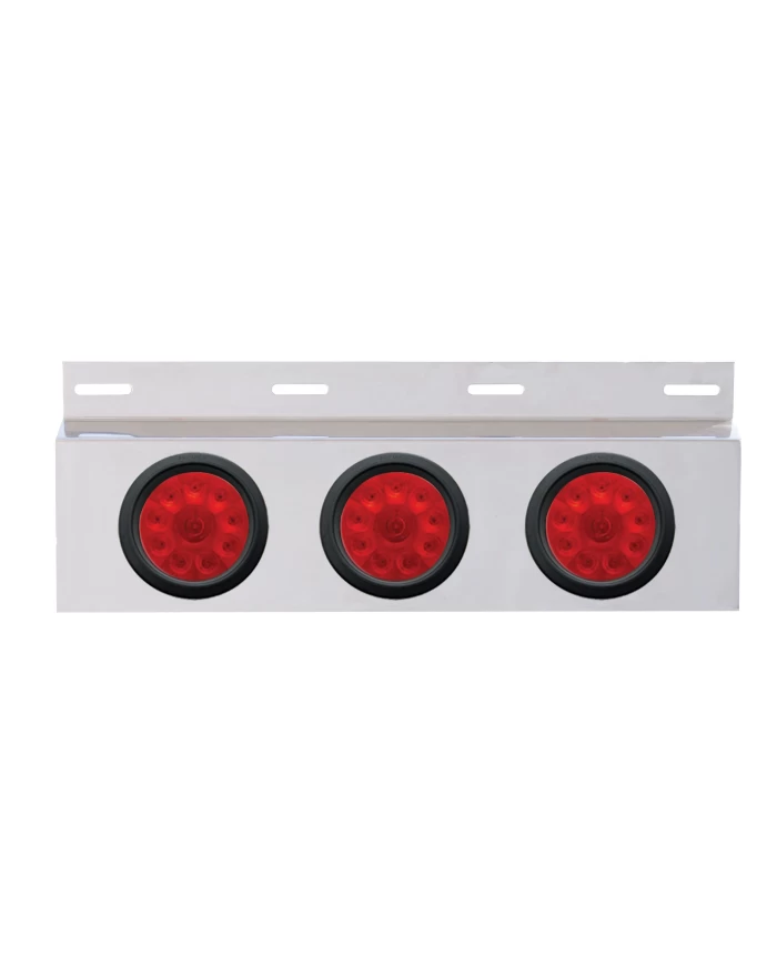 (BULK) STAINLESS STEEL TOP MUD FLAP LIGHT BRACKET W/ THREE 10 LED 4" LIGHT W/ GROMMET - RED LENS (BULK) STAINLESS STEEL TOP MUD FLAP LIGHT BRACKET W/ THREE 10 LED 4" LIGHT W/ GROMMET - RED LENS