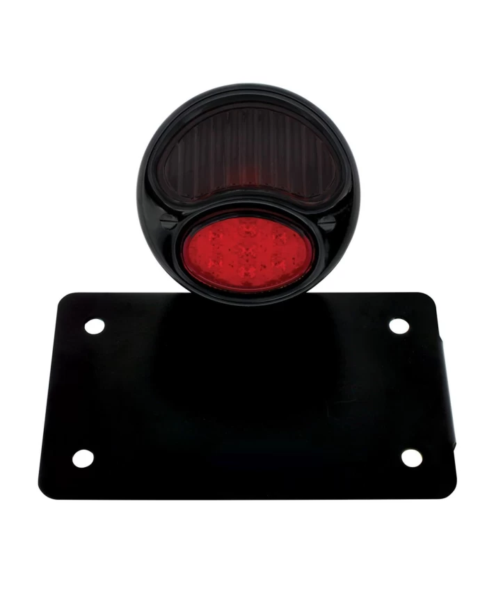 (BOX) "DUO LAMP" TAILL LIGHT W/RED GLASS LENS - BLACK RIM/BLACK HOUSING W/BK BOBBER STYLE BRACKET - HORIZONTAL
