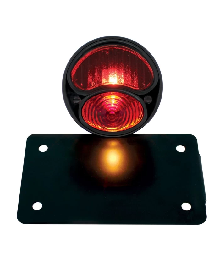 (BOX) "DUO LAMP" TAILL LIGHT W/RED GLASS LENS - BLACK RIM/BLACK HOUSING W/BK BOBBER STYLE BRACKET - HORIZONTAL