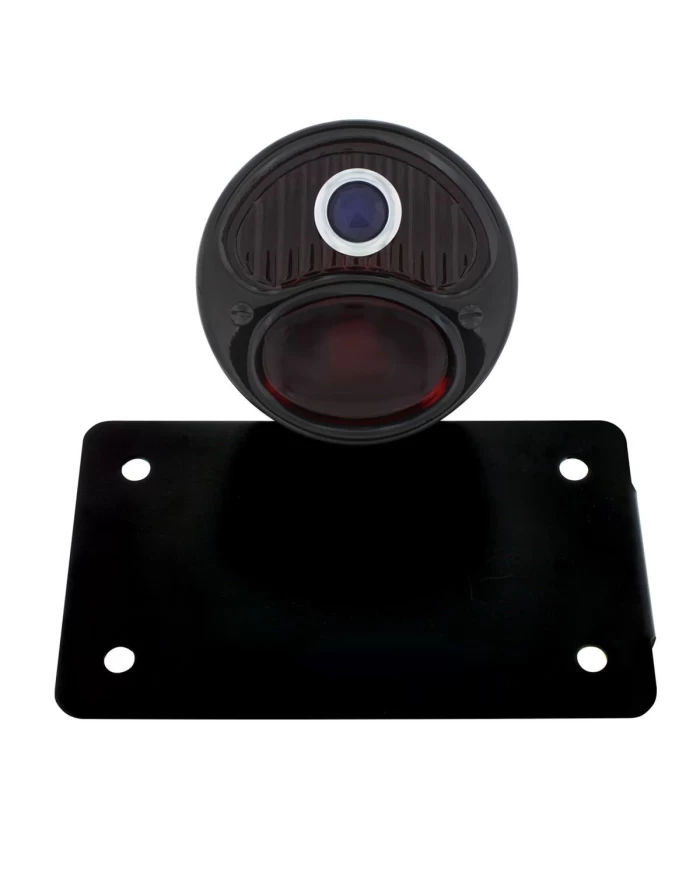 (BOX) "DUO LAMP" TAILL LIGHT W/RED GLASS LENS W/BLUE DOT - BLACK RIM/BLACK HOUSING W/BK BOBBER STYLE BRACKET - HORIZONTAL