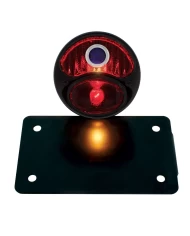 (BOX) "DUO LAMP" TAILL LIGHT W/RED GLASS LENS W/BLUE DOT - BLACK RIM/BLACK HOUSING W/BK BOBBER STYLE BRACKET - HORIZONTAL