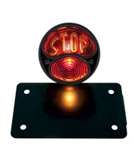 (BOX) "DUO LAMP" TAILL LIGHT W/RED GLASS LENS W/"STOP" - BLACK RIM/BLACK HOUSING W/BK BOBBER STYLE BRACKET - HORIZONTAL