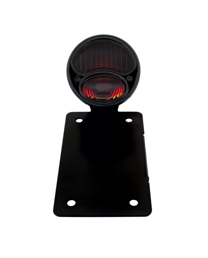 (BOX) "DUO LAMP" TAILL LIGHT W/RED GLASS LENS - BLACK RIM/BLACK HOUSING W/BK BOBBER STYLE BRACKET - VERTICAL