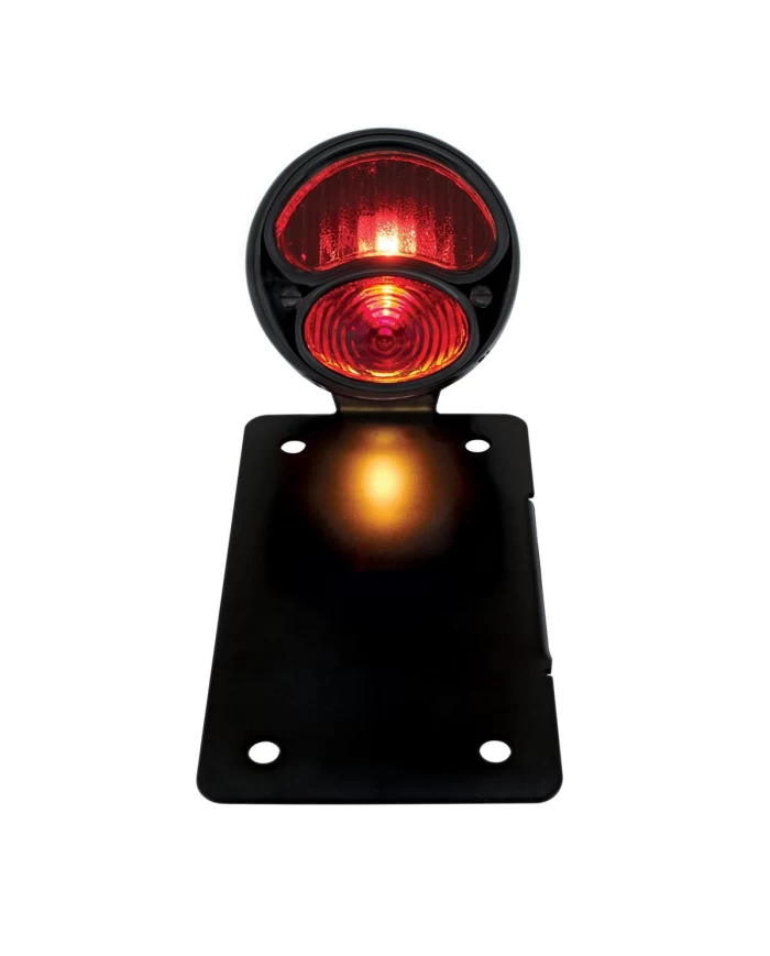 (BOX) "DUO LAMP" TAILL LIGHT W/RED GLASS LENS - BLACK RIM/BLACK HOUSING W/BK BOBBER STYLE BRACKET - VERTICAL