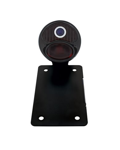 (BOX) "DUO LAMP" TAILL LIGHT W/RED GLASS LENS W/BLUE DOT - BLACK RIM/BLACK HOUSING W/BK BOBBER STYLE BRACKET - VERTICAL (BOX) "DUO LAMP" TAILL LIGHT W/RED GLASS LENS W/BLUE DOT - BLACK RIM/BLACK HOUSING W/BK BOBBER STYLE BRACKET - VERTICAL
