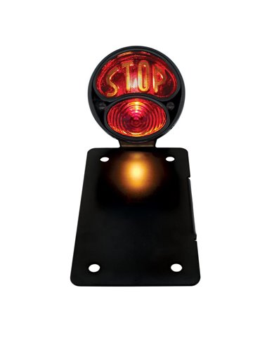 (BOX) "DUO LAMP" TAILL LIGHT W/RED GLASS LENS W/"STOP" - BLACK RIM/BLACK HOUSING W/BK BOBBER STYLE BRACKET - VERTICAL (BOX) "DUO LAMP" TAILL LIGHT W/RED GLASS LENS W/"STOP" - BLACK RIM/BLACK HOUSING W/BK BOBBER STYLE BRACKET - VERTICAL