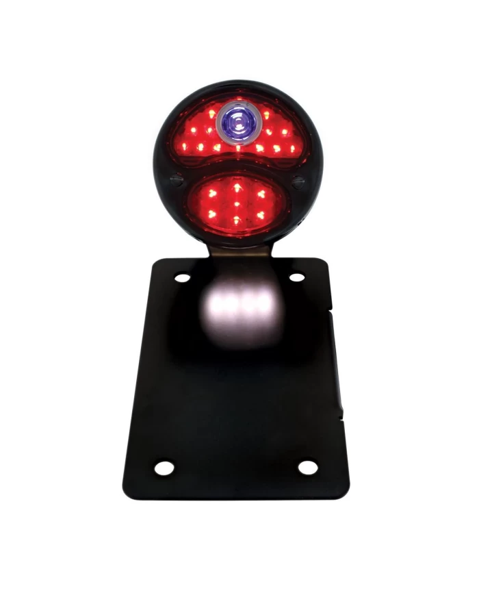 (BOX) "DUO LAMP" LED TAILL LIGHT W/BLUE DOT - BLACK RIM/BLACK HOUSING W/BK BOBBER STYLE BRACKET - VERTICAL