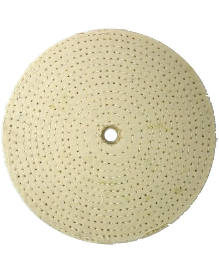(CARD) 6" WHITE SPIRAL & CONCENTRIC SEWED MUSLIN WHEEL - 30 PLY. & 1/2" ARBOR