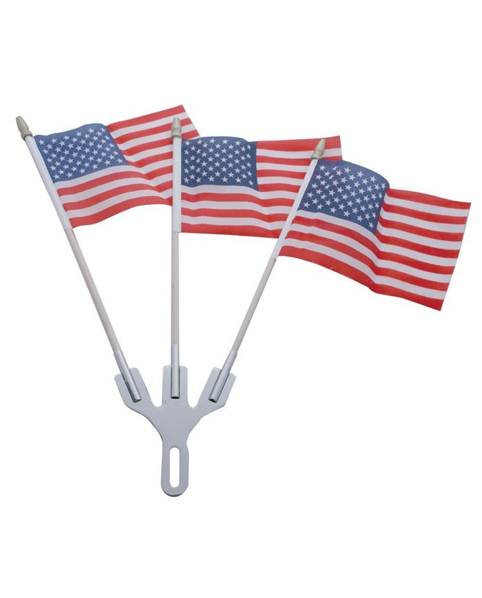 (CARD) CHROME FLAG HOLDER W/ 3 U.S.A. FLAGS