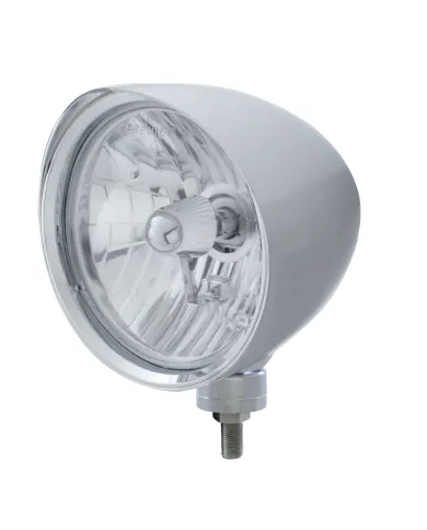 UP32510-Chrome "Chopper" Headlight With Smooth Visor Crystal H4 Bulb