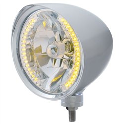 UP32511-Chrome "Chopper" Headlight With Smooth Visor H4 Bulb With 34 Amber LED