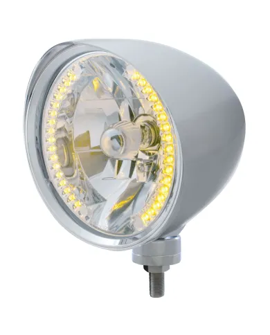 UP32511-Chrome "Chopper" Headlight With Smooth Visor H4 Bulb With 34 Amber LED