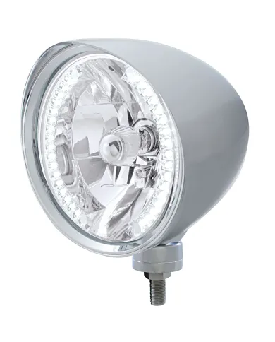 UP32512-Chrome "Chopper" Headlight With Smooth Visor H4 Bulb With 34 White LED