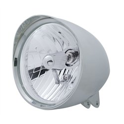 UP32518-Motorcycle Chrome "Chopper" Headlight With Smooth Visor Crystal H4 Bulb